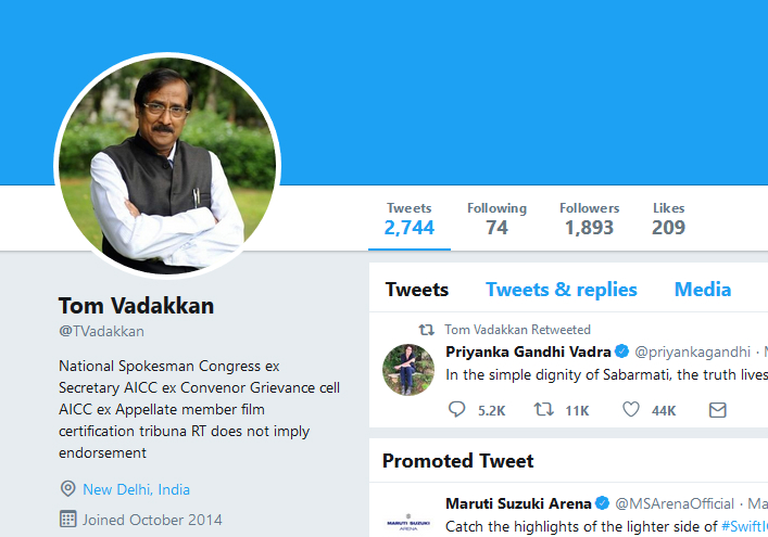 Vadakkan's twitter handle