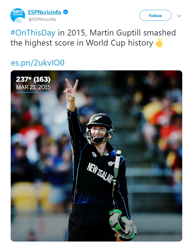 guptil high individual score in worldcup