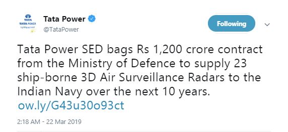 Tata Power SED,Tata,Ministry of Defence,Indian Navy,Defence Procurement Procedure,3D Air Surveillance Radars,business news