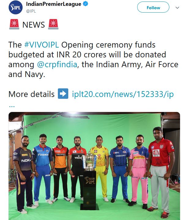 BCCI donates IPL opening ceremony funds to Pulwama Martyrs