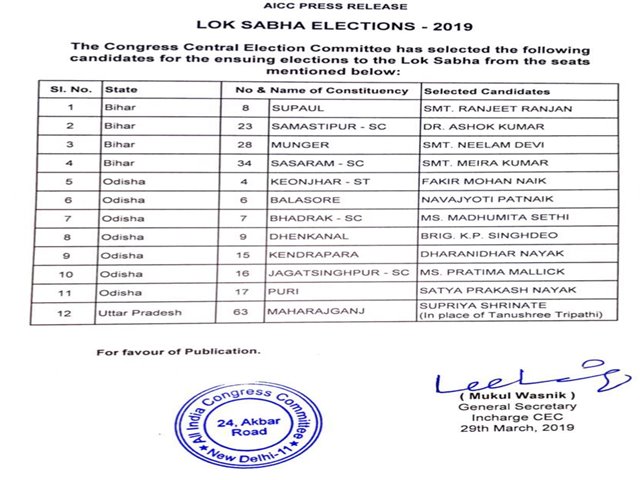 Congress released a list of another 12 candidates for the general elections