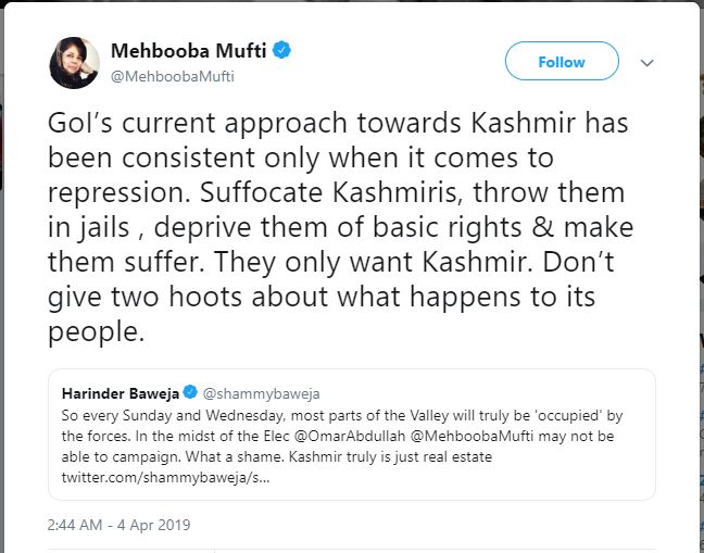 mehbooba blames govt of india for repression of jammu kashmir