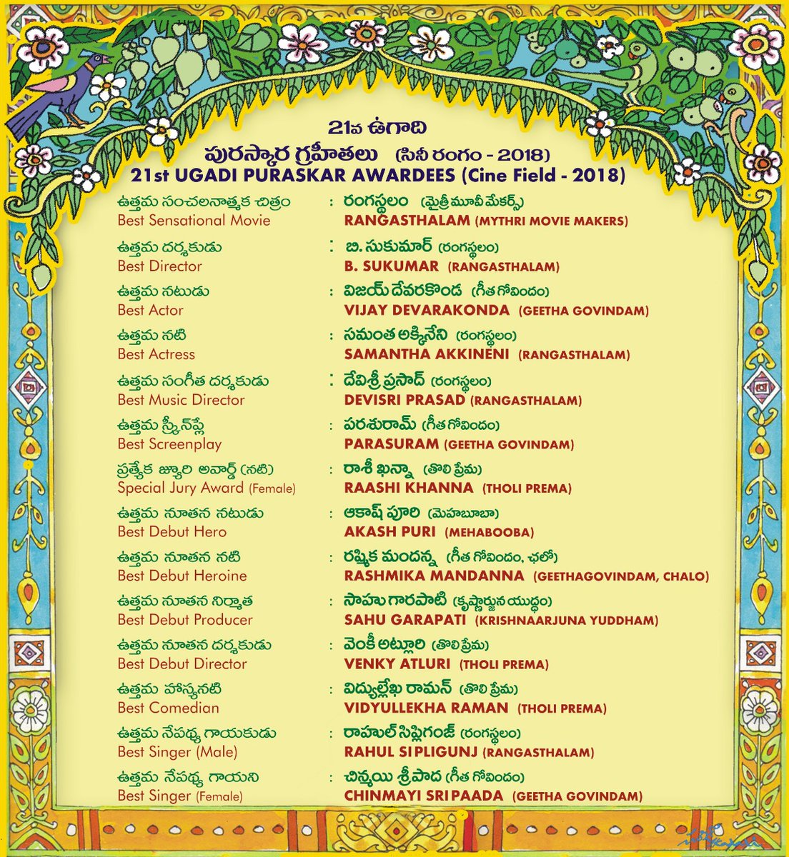 ugadi 2018 best filmstars awards