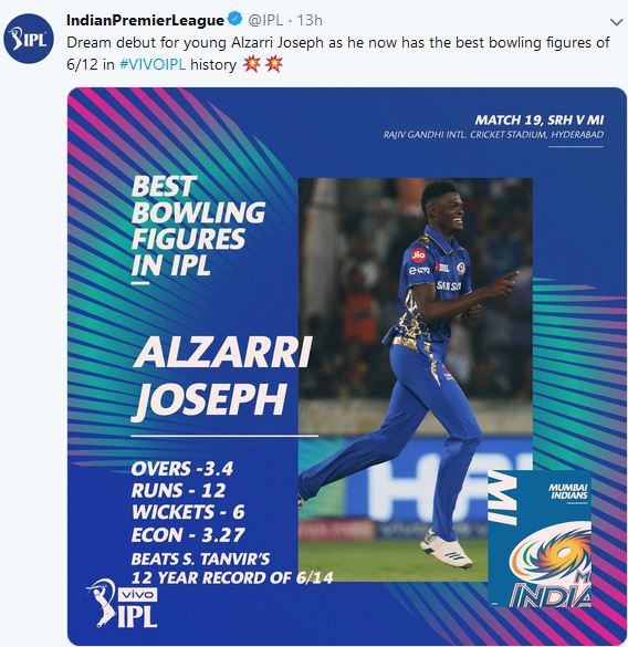 Alzarri Joseph Makes series of records in Debut match Of IPL