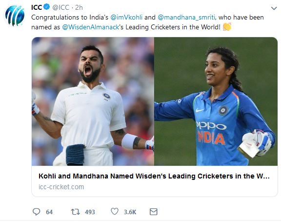 Virat Kohli And Smrati Mandhana Becomes Best Cricketer Of the Year