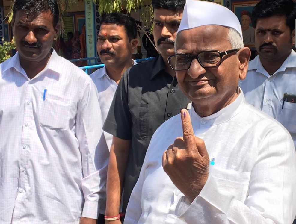 Social activist Anna Hazare after casting his vote in Ralegan Siddhi