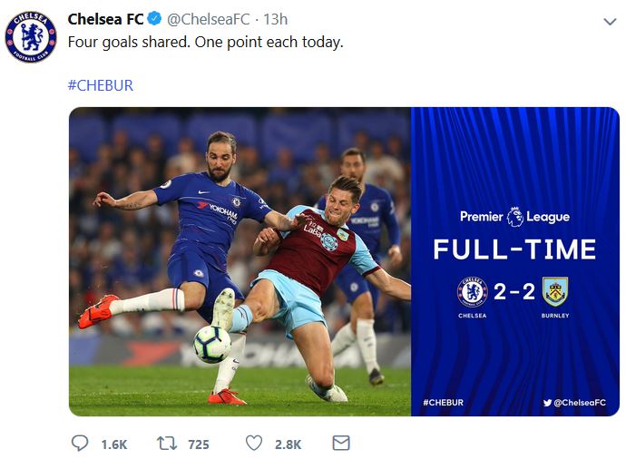 English Premier League: Chelsea plays 2-2 draw with burnley