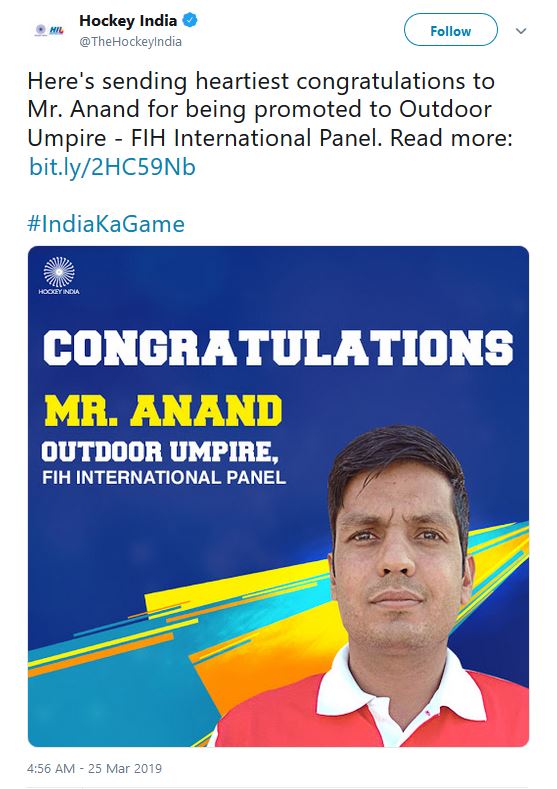 Hockey India,  umpire Anand, FIH,  Hockey India congratulates Anand