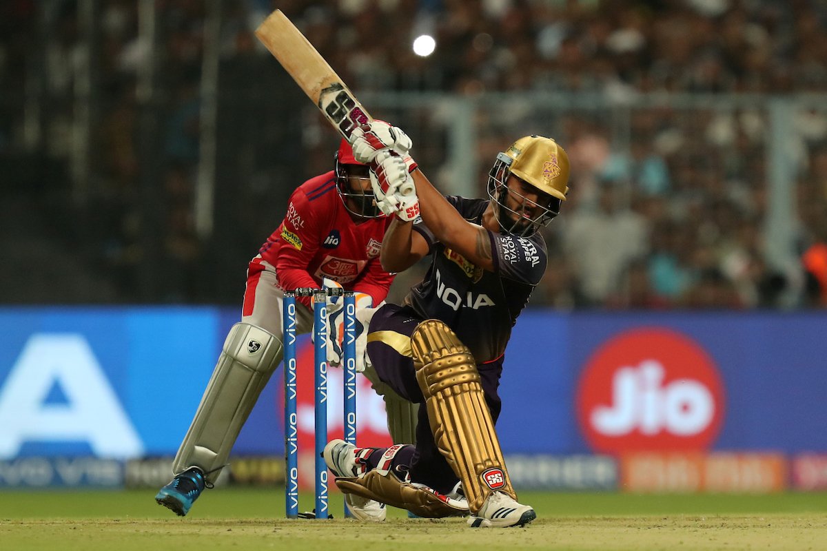 Nitish Rana plays a shot during his 63 runs innings.