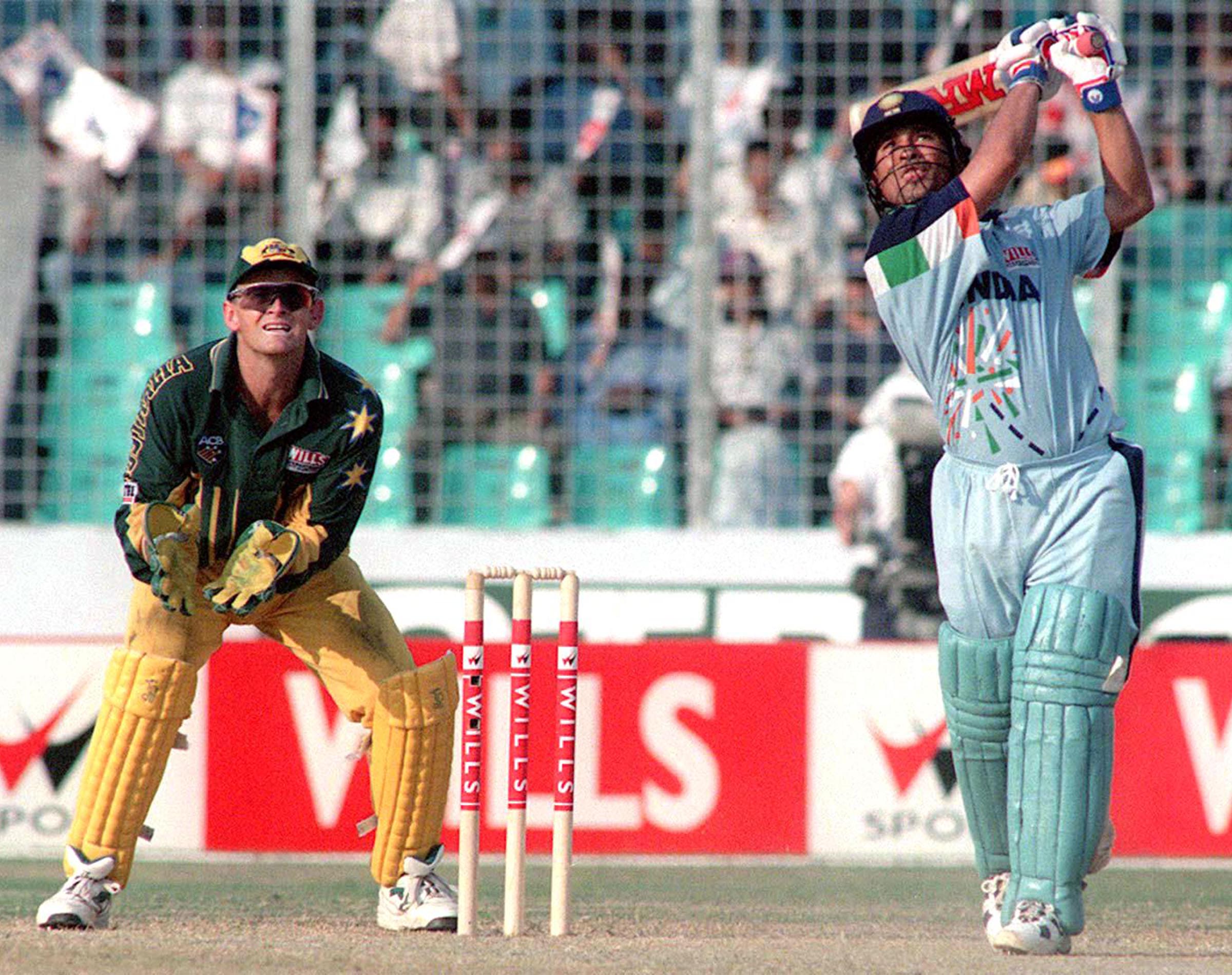 Desert storm! Tendulkar plays a lofted shot against Australia at Sharjah in 1998.