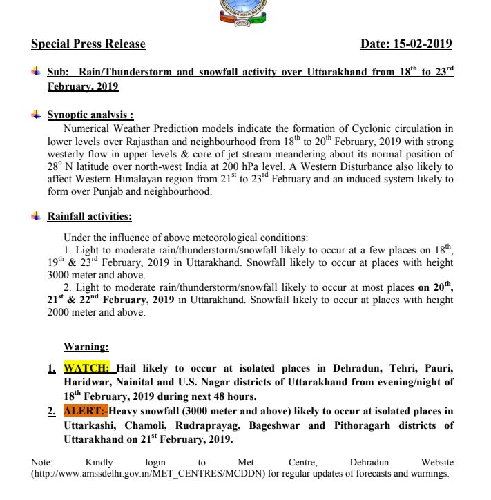 UTTARAKHAND WEATHER BULLETIN UPDATE