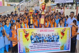 women workers title won in the national throwball competition are welcomed in Tirupur