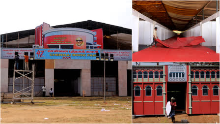 work of setting up the halls for the 47th Chennai Book Fair is in progress