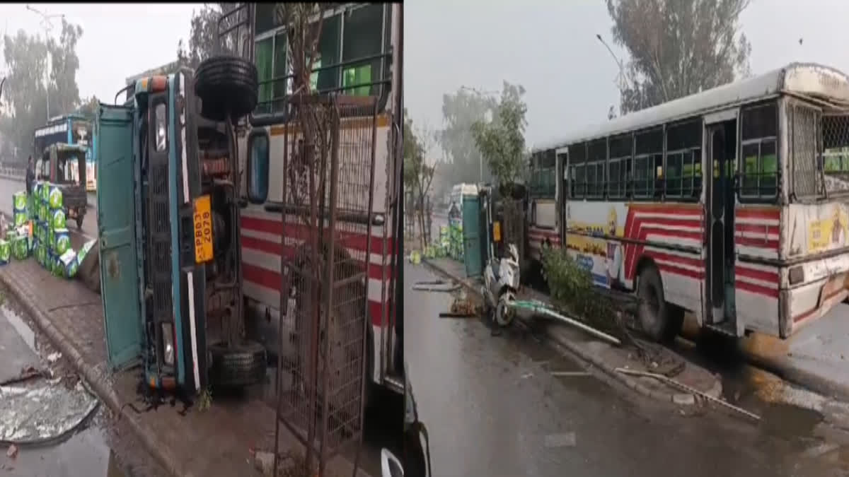 Major accident in bitween bus and truck in Bathinda during light drizzle,several passengers injured PRTC buses
