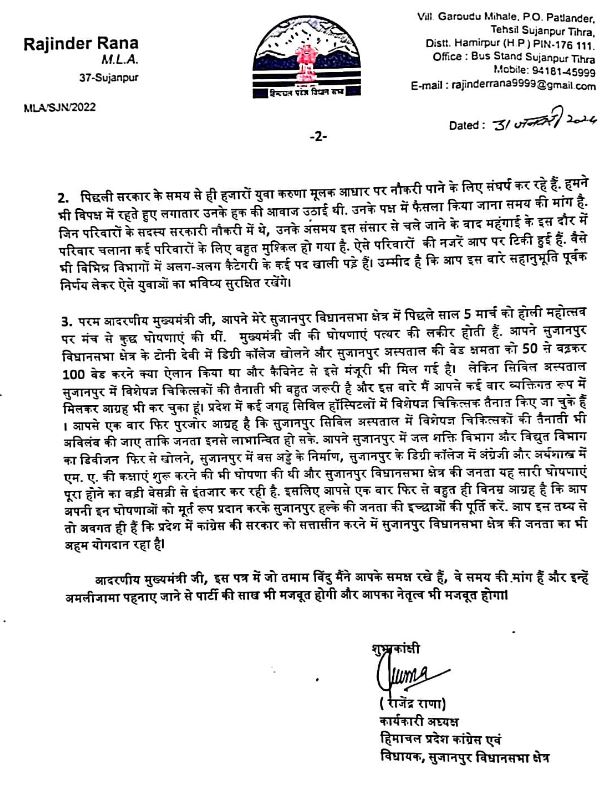 राजेंद्र राणा ने सीएम सुखविंदर सिंह सुक्खू को लिखी चिट्ठी