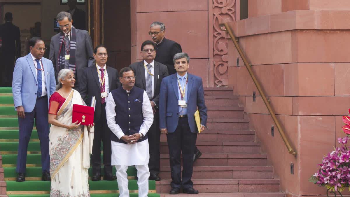 Union Finance Minister Nirmala Sitharaman with MoS for Finance Pankaj Chaudhary and other officials at the Parliament complex before presenting the Union Budget 2025-26 on Saturday.