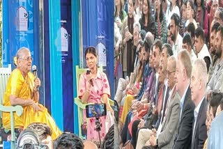 Sudha and Akshata Murthy in conevrsation at the JLF and (right) Rishi Sunak and Narayana  Murthy in the audience.