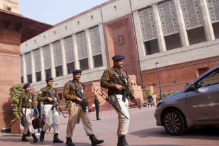 Tight security arrangements at Makar Dwar at Parliament House during the Winter session, in New Delhi,Thursday, Dec 21, 2023.(IANS)