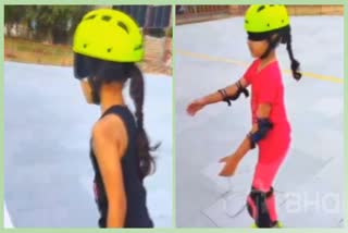 Six year old girl skating blindfolded