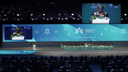 World Trade Organization Director-General Ngozi Okonjo-Iweala speaks at a WTO summit in Abu Dhabi, United Arab Emirates, Monday, Feb. 26, 2024. The World Trade Organization opened its biennial meeting Monday in the United Arab Emirates as the bloc faces pressure from the United States and other nations ahead of a year of consequential elections around the globe. (AP Photo)