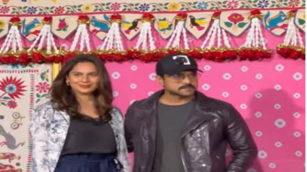 Mega Superstar Ram Charan, along with his wife Upasana Kamineni Konidela, arrived at Jamnagar in Gujarat to attend the pre-wedding celebrations of Anant Ambani and Radhika Merchant