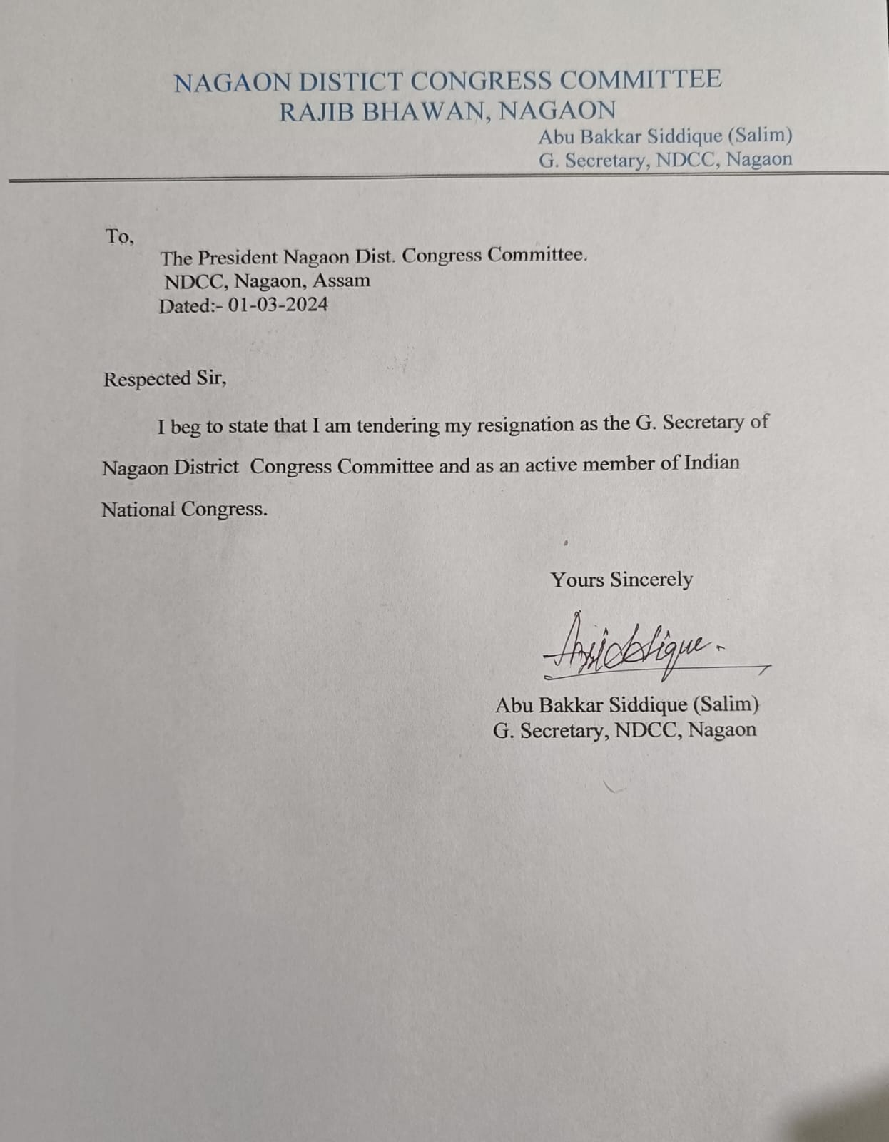 Congress leader resign