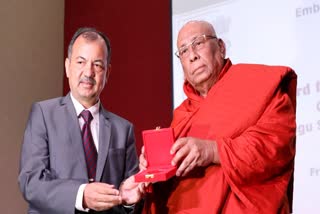 Ven. Sitagu Sayadaw Dr. Ashin Nyanissara being conferred with 'International Award for Promotion of Buddhism' by Director General, Indian Council for Cultural Relations (ICCR), Kumar Tuhin, on Saturday, June 1, 2024.