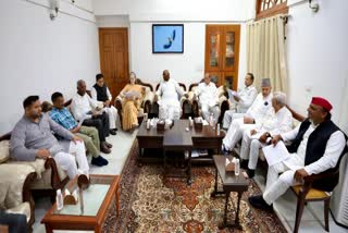 INDIA bloc leaders during a meeting at Congress Chief Mallikarjuna Kharge's residence in New Delhi on Saturday, June 1, 2024.