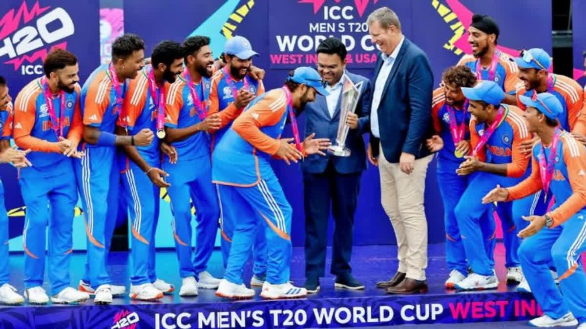 India's captain Rohit Sharma recreates Lionel Messi's iconic celebration as he arrives to receive the ICC Mens T20 World Cup 2024 trophy from BCCI Secretary Jay Shah, at Kensington Oval in Barbados on Saturday. (ANI Photo)