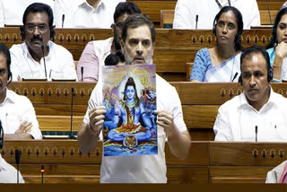 LoP Rahul Gandhi shows poster of Lord Shiva while addressing Lok Sabha on Monday