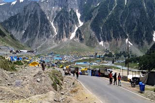 A view of Amarnath Yatra main base camp for Pilgrims at Baltal of Sonamarg, in Ganderbal