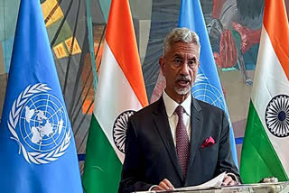 External Affairs Minister S Jaishankar addresses the inauguration of an exhibition at the United Nations on 'The Human Cost of Terrorism', in New York on Monday.