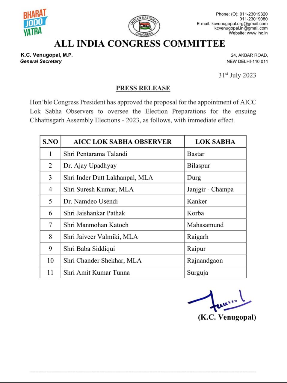 Lok Sabha wise Congress Observer appointed in Chhattisgarh