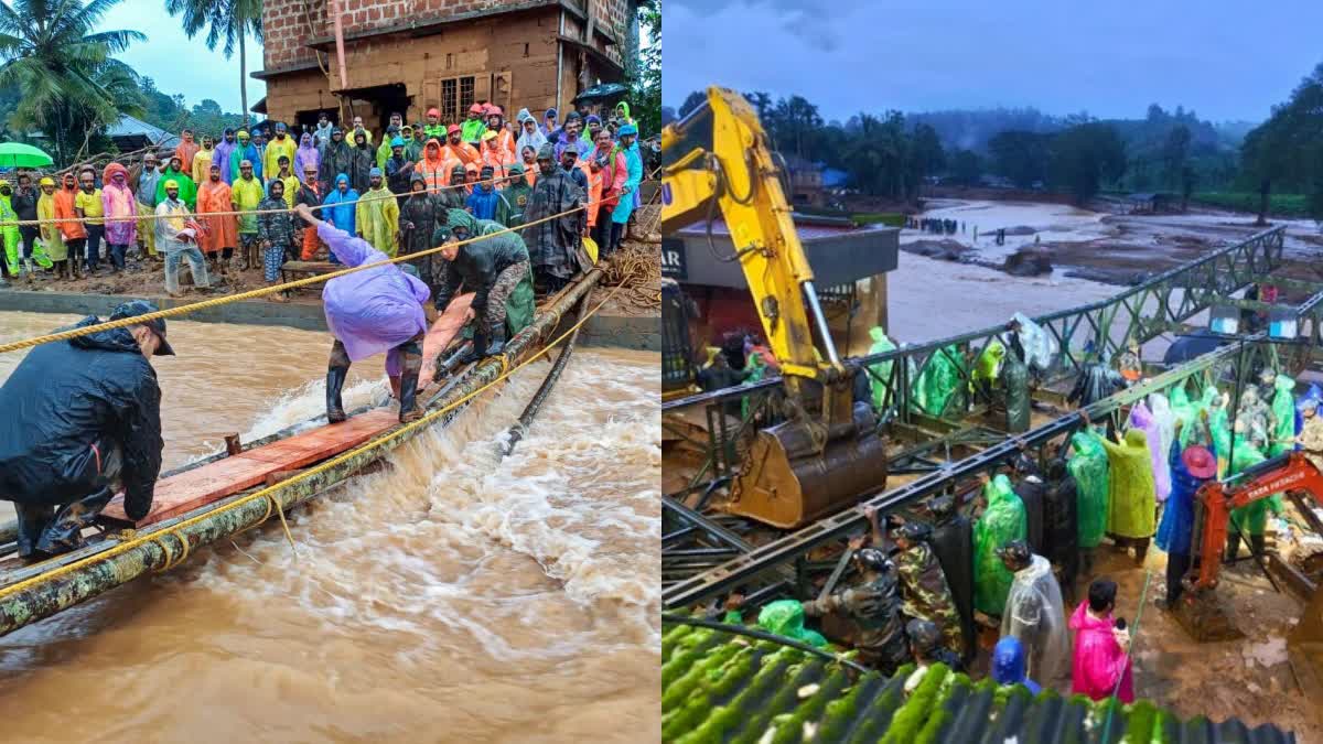 ವಯನಾಡ್ ಭೂಕುಸಿತ ಪ್ರದೇಶದಲ್ಲಿ ತಾತ್ಕಾಲಿಕ ಕಾಲು ಸೇತುವೆ ಮತ್ತು ಬೈಲಿ ಸೇತುವೆ ನಿರ್ಮಾಣದಲ್ಲಿ ತೊಡಗಿರುವ ಸೇನೆ.