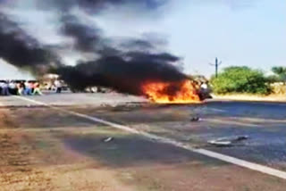 In a horrific road accident, the occupant of the Nano car was burnt alive in Rajasthan's Merta City on Friday. The collision between a private bus and the Nano car was so severe that the car caught fire and turned into a ball of fire. Within no time, the car was reduced to ashes.