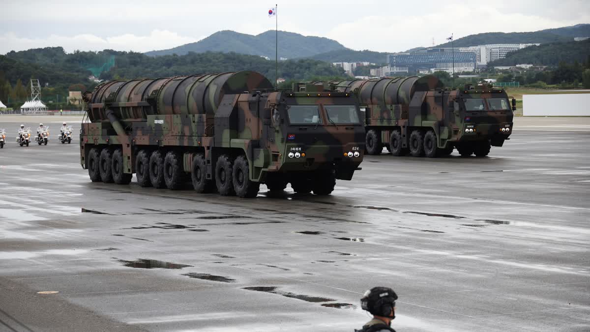 South Korea displayed about 340 military equipment and weapons systems, while unveiling its most powerful ballistic missile capable of carrying an 8-ton conventional warhead that can destroy underground bunkers in North Korea.