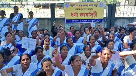 asha workers hold protest in lakhimpur