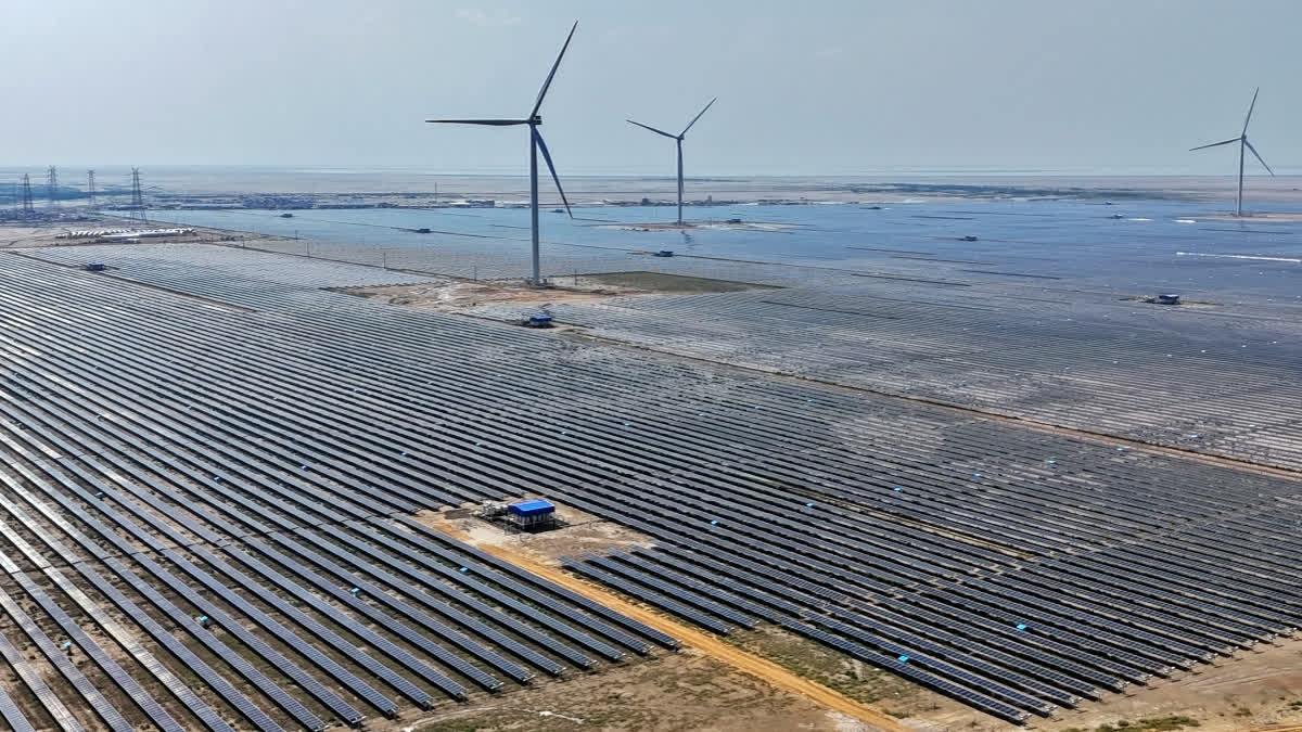 Vast lines of solar panels reflect the blazing sun in India's western deserts, a dazzling ocean broken only by bristling wind turbines. India, along its desolate border with Pakistan, is building what it boasts will be the world's largest renewable power plant, an emblem of a determined push to boost solar energy.