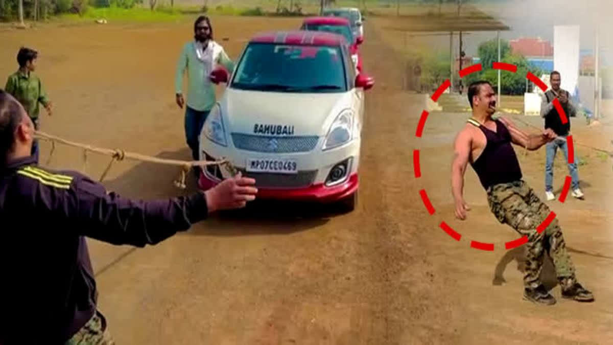 Known as the "Bahubali of Gwalior," Sunil has been practising tirelessly at the SAF ground, aiming to pull five cars simultaneously with a hook clenched in his teeth.