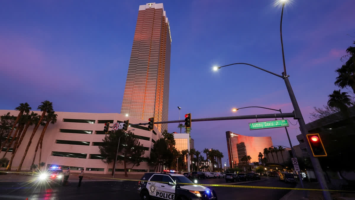 Las Vegas Metropolitan Police Department vehicles block the road near the Trump International Hotel & Tower Las Vegas after a Tesla Cybertruck exploded in front of the entrance on January 01, 2025 in Las Vegas, Nevada.