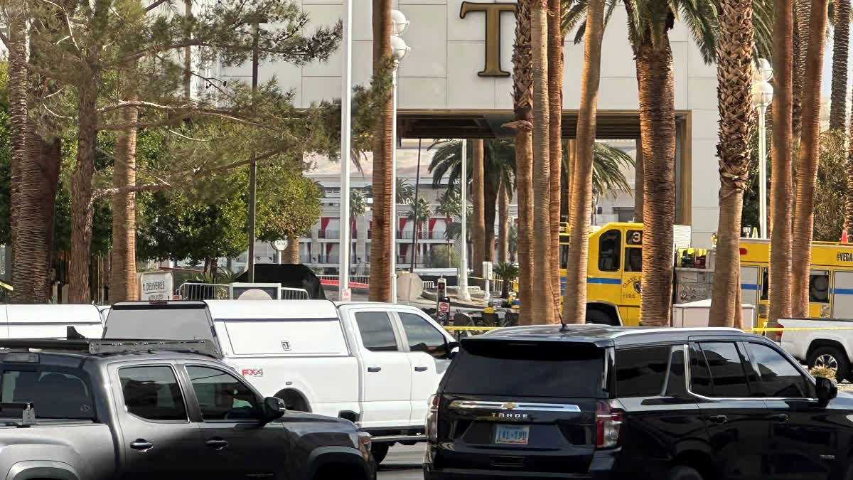 Police block the area after a vehicle caught fire and exploded outside the lobby of President-elect Donald Trump's hotel Wednesday, Jan. 1, 2025.