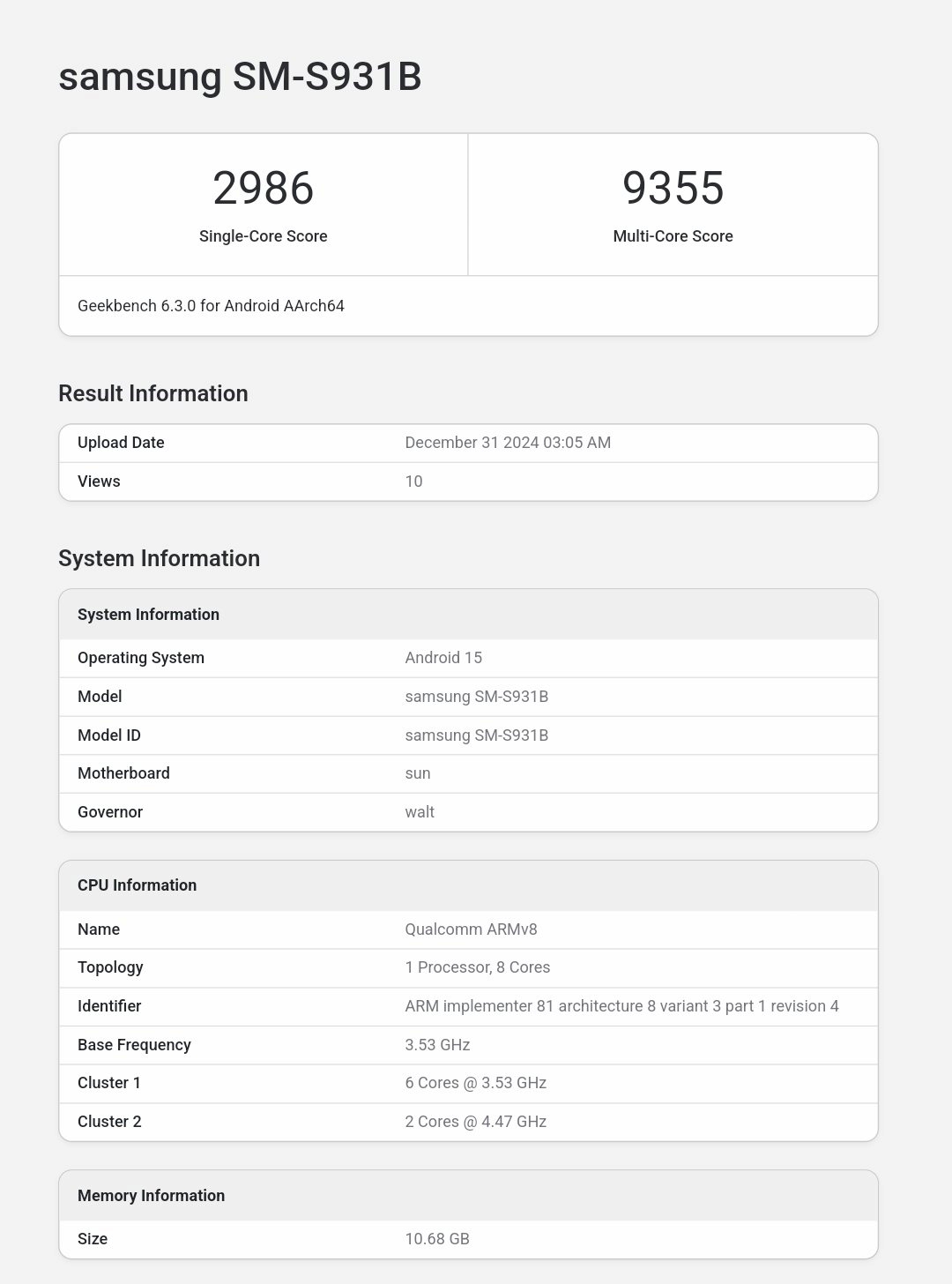 Samsung Galaxy S25 international model on Geekbench