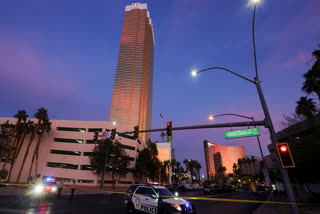 Las Vegas Metropolitan Police Department vehicles block the road near the Trump International Hotel & Tower Las Vegas after a Tesla Cybertruck exploded in front of the entrance on January 01, 2025 in Las Vegas, Nevada.