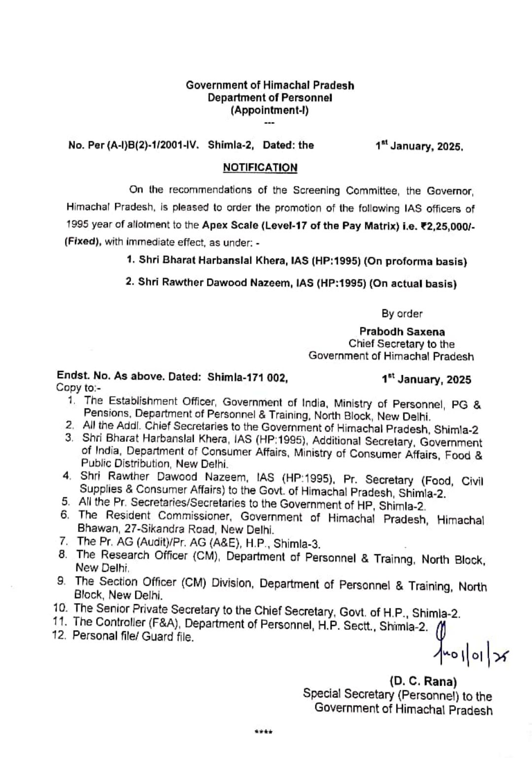 Himachal IAS Officers Promotion