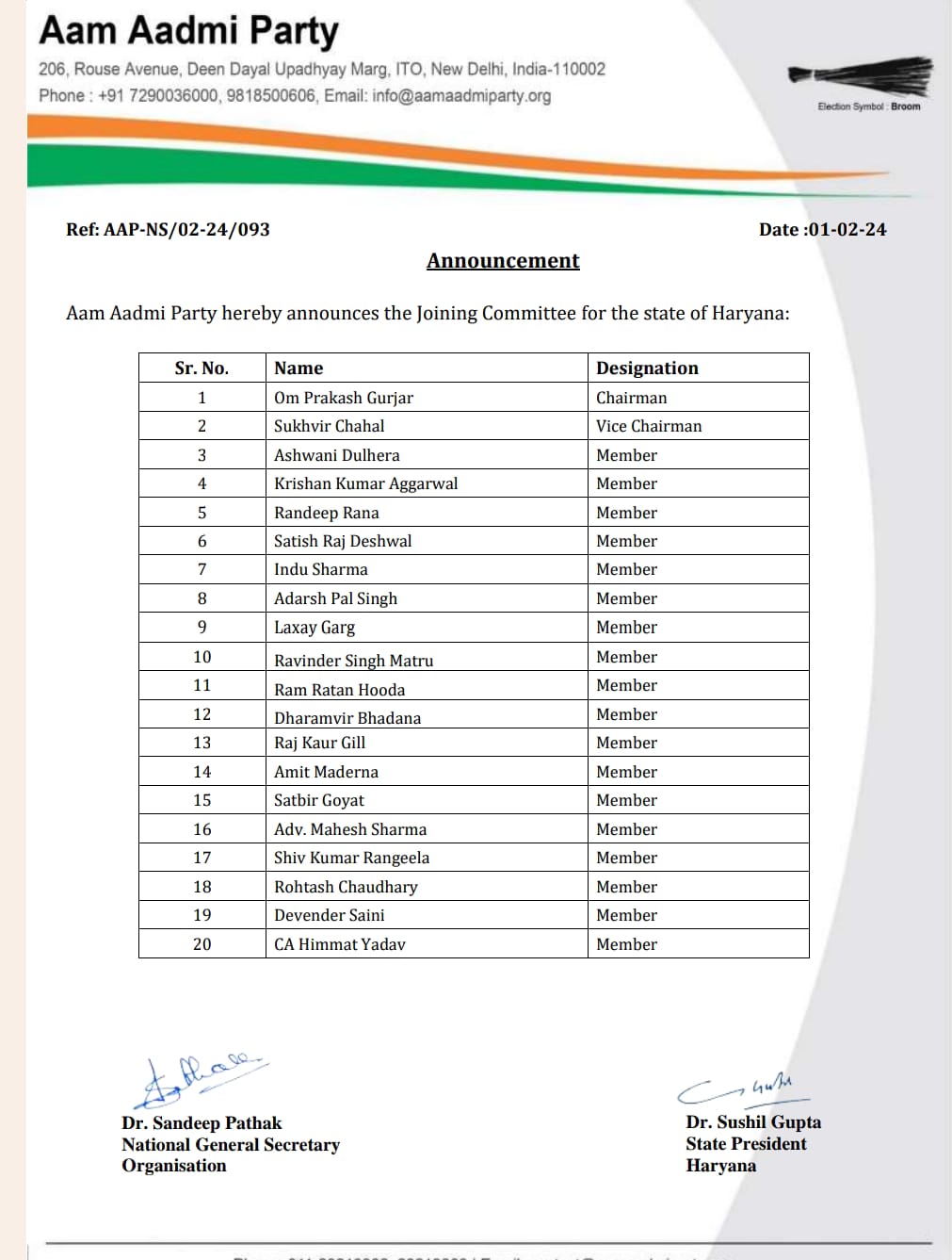 Haryana AAP New Team organization expansion in Haryana office Bearers List Released