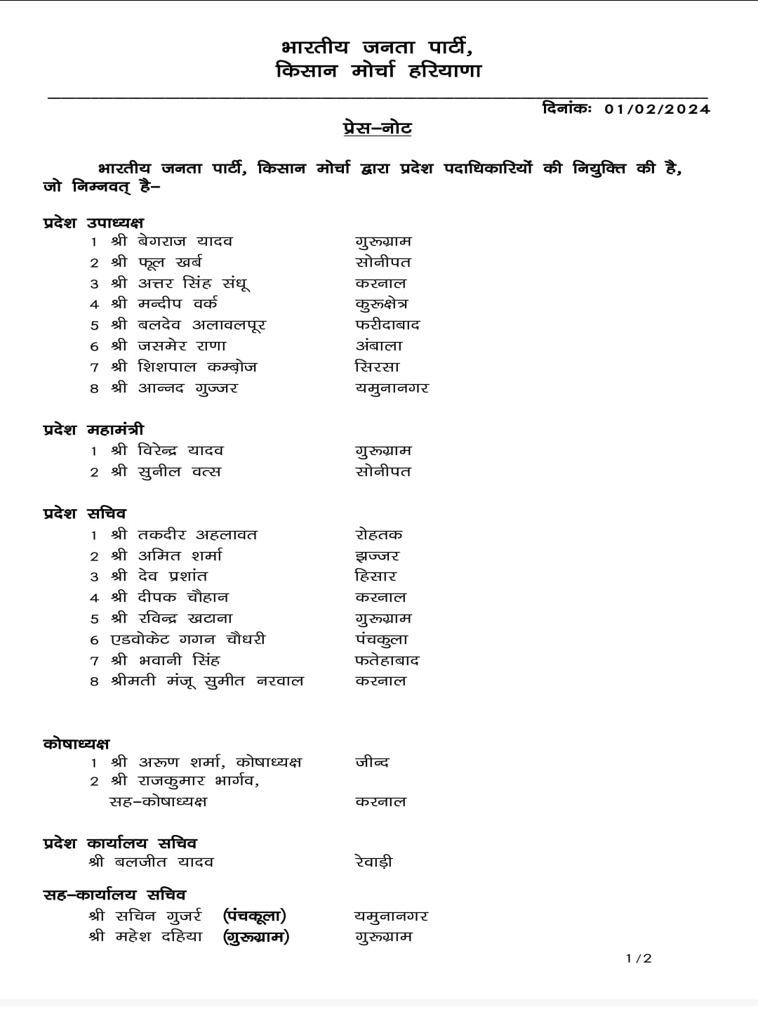 Haryana BJP Kisan Morcha and SC Morcha new team