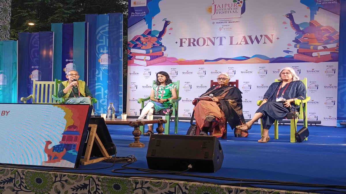 Abhijit Banerjee, Aruna Roy and Vrinda Grover during the panel discussion at JLF.