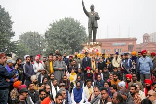 Members of a six-member delegation during their visit to probe the vandalism of BR Ambedkar?s statue situated on Heritage Street, in Amritsar, Sunday, Feb. 2, 2025.