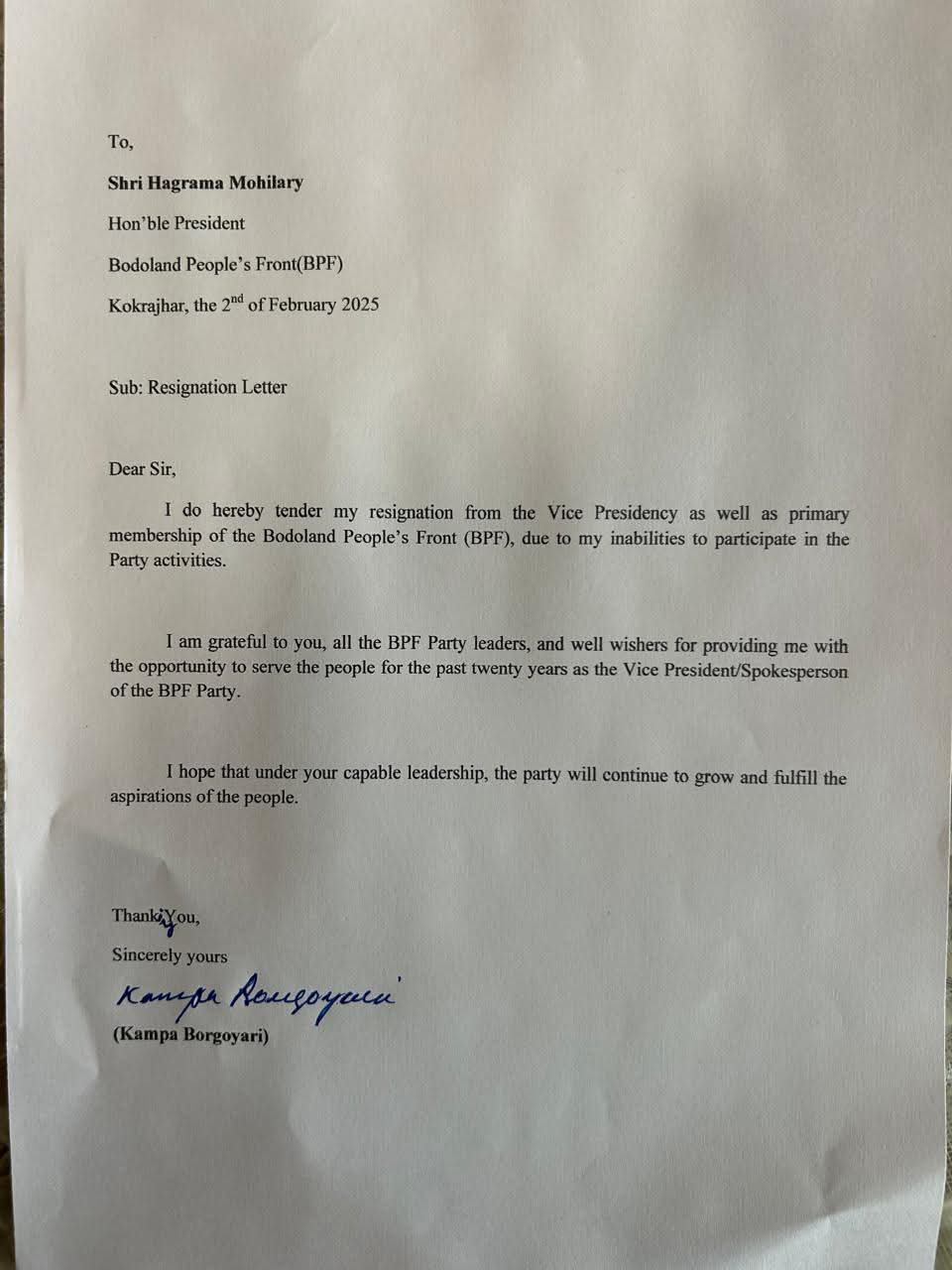 Kampa Borgoyari Resigns BPF