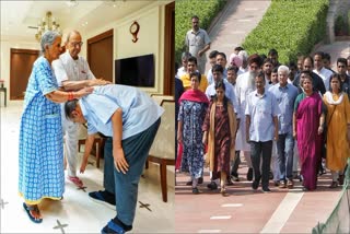 Delhi CM Kejriwal receives blessings of his parents (Left Picture); AAP leaders arrive at Rajghat (Right Picture).